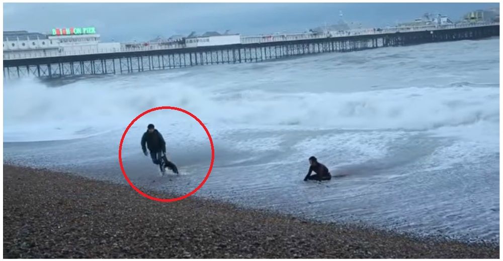 Una desesperada mujer arriesgó su vida por salvar a su perro a punto de morir ahogado en el mar