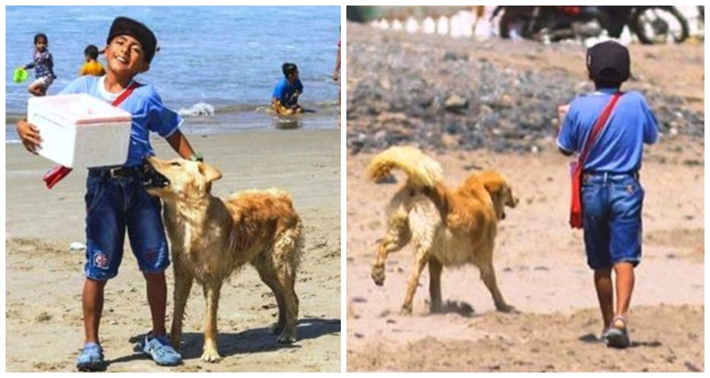 A su corta edad vende helados en la playa para poder comer y su perro jamás se separa de él