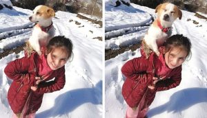 Niña recorre kilómetros en la nieve suplicando ayuda con su perrito enfermo a cuestas