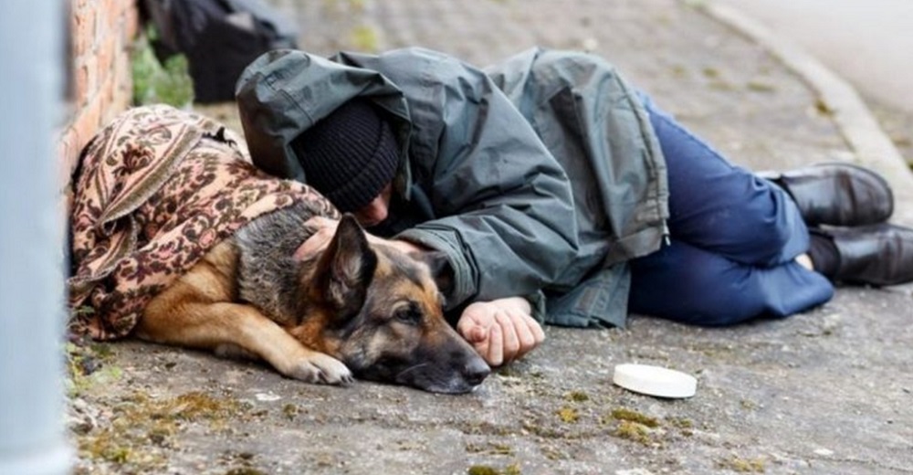 Un hombre sin hogar y su perrito se aferran abrazados mientras intentaban sobrevivir en el frío