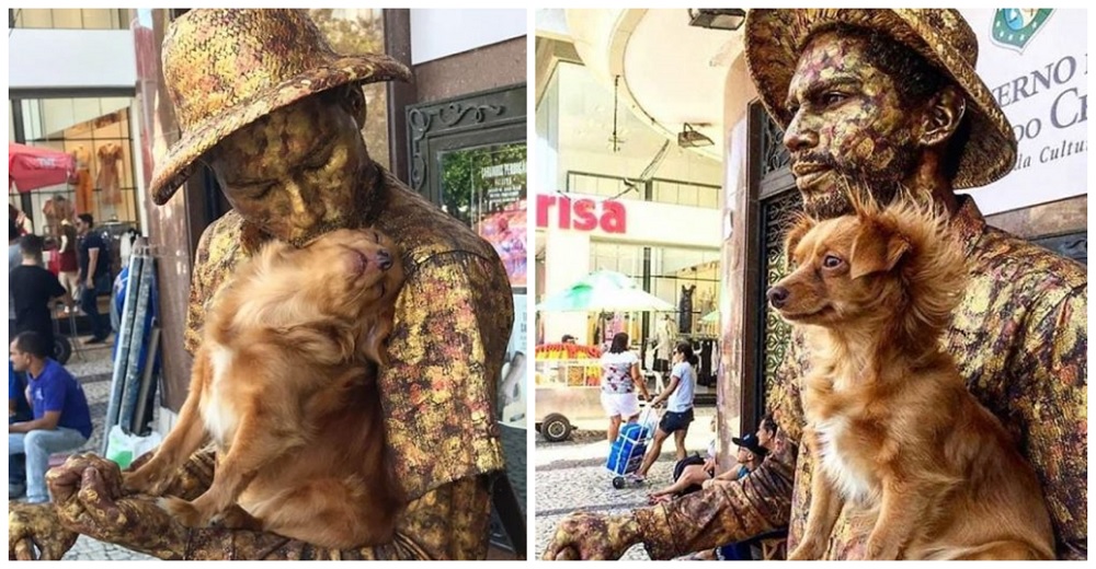 Captan a una perrita que permanece inmóvil apoyando a su papá en su trabajo de estatua humana