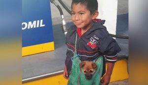 Un humilde niño lleva a su perro en un bolso a pesar de las adversidades