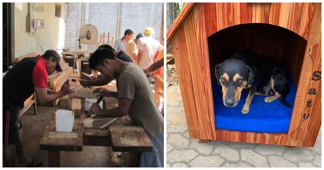 Reclusos construyen en clases de carpintería una casita para un perrito adoptado por la Policía